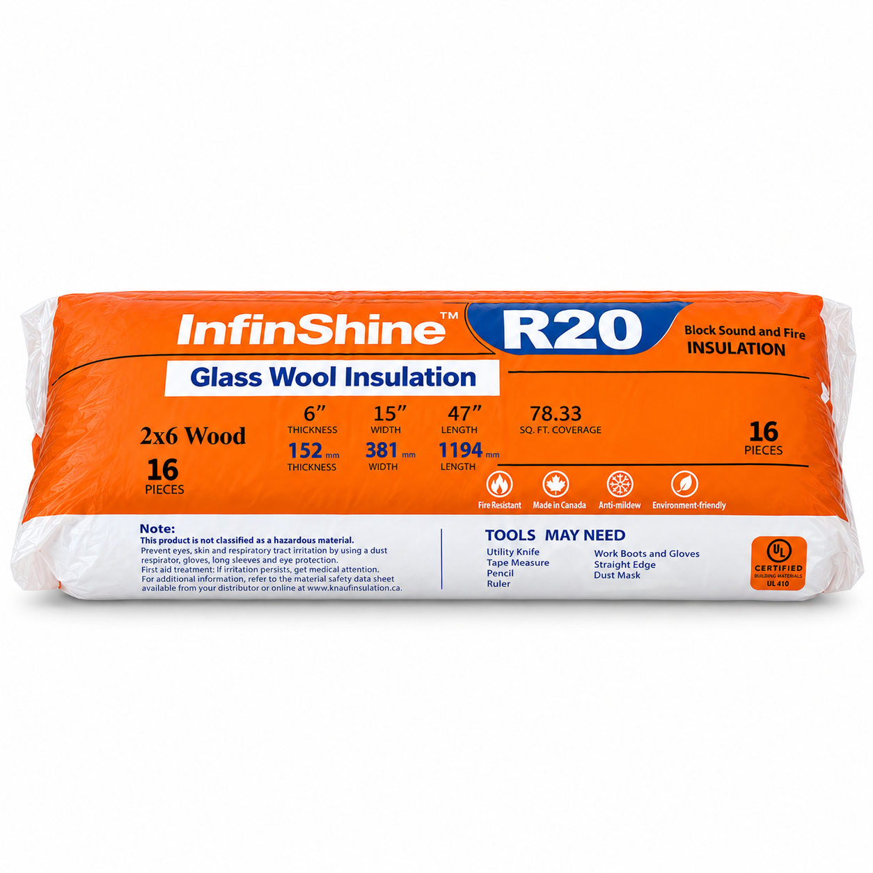 English-labelled package of R-20 fiberglass insulation