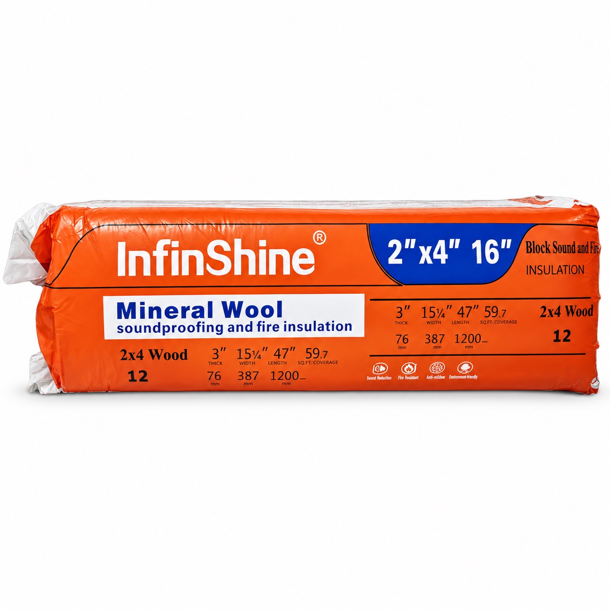English-labelled package of mineral-wool soundproofing and fire insulation